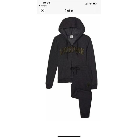 Victorias Secret PINK Love Pink‎ Charcoal Hoodie & Jogger Set XS TOP L PANTS - Picture 1 of 14